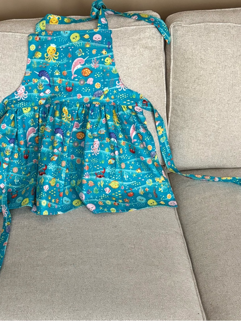 Children's Teal Ocean Print Apron with Sea Creature’s child’s Apron